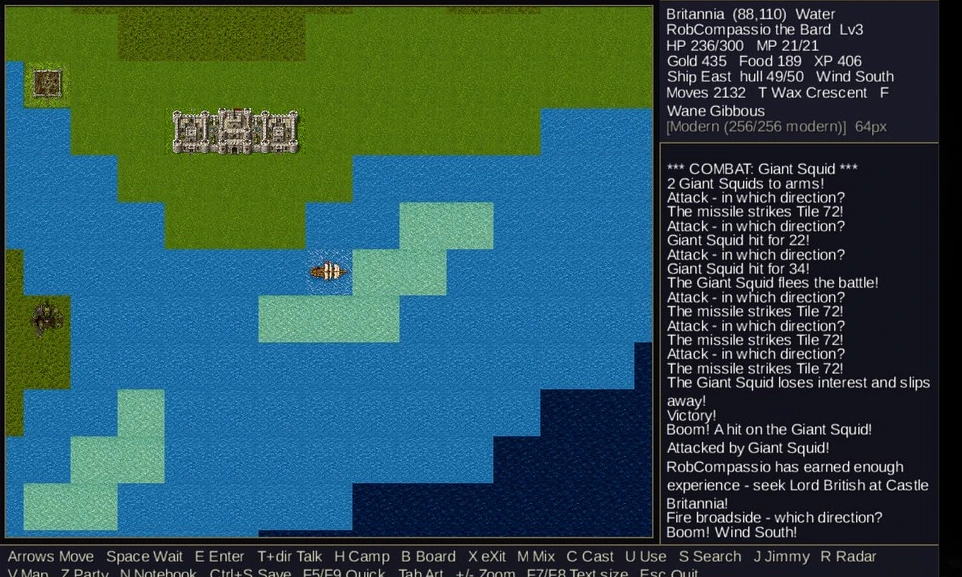 A ship at sea off the coast of Britannia during a giant squid encounter, with the combat log listing broadside fire