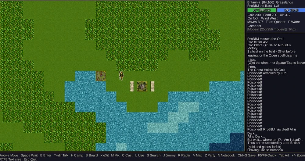 The Britannia overworld in the modern 256-tile art set, with the status panel and message log alongside