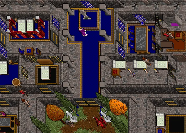 The upper floors of a castle, beds and a throne room seen from overhead
