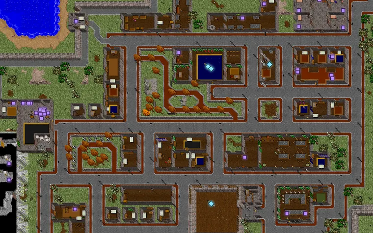 A town of cobbled streets and autumn trees, with teleport pads set into the squares