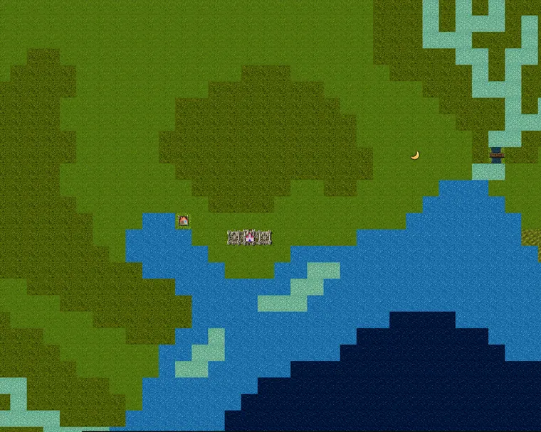A moongate open on the coast road, with a village and a keep on the far shore