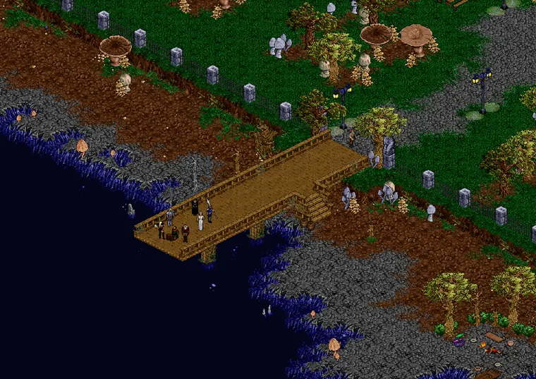 A wooden dock over dark water, figures gathered at its end beneath fenced graves