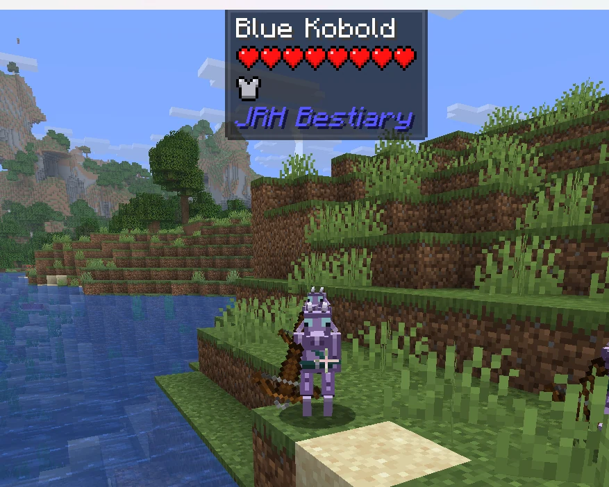 A blue kobold with a bow, standing at the edge of a river