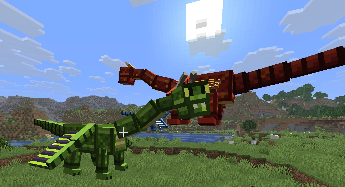 A green dragon on the ground and a red dragon in flight above it, over an overworld landscape