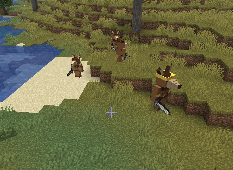 Three hyena-headed gnolls with swords moving across a savanna beside water, one wearing a gold crown
