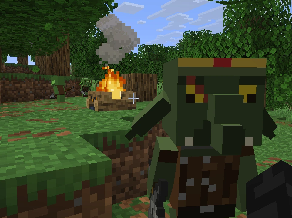 A large crowned hobgoblin in the foreground of a goblin camp, with a campfire and other goblins behind