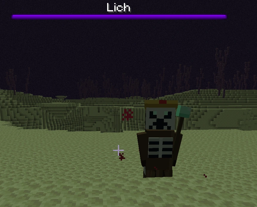 The Lich, a crowned skull-faced sorcerer in brown robes, on the End islands beneath a purple boss bar