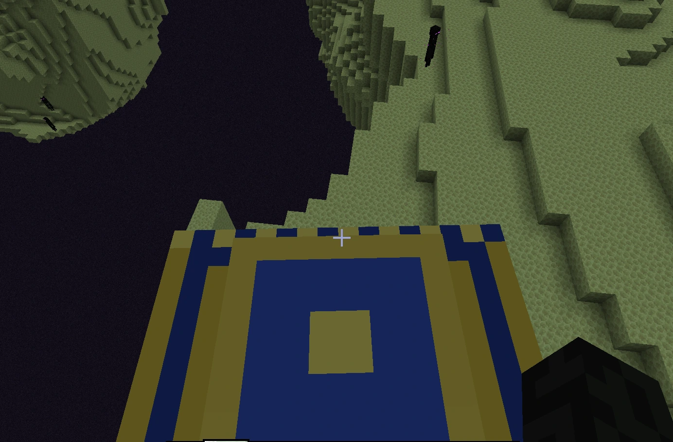 The Magic Carpet in flight, a blue and gold woven carpet seen from above over dark terrain at night