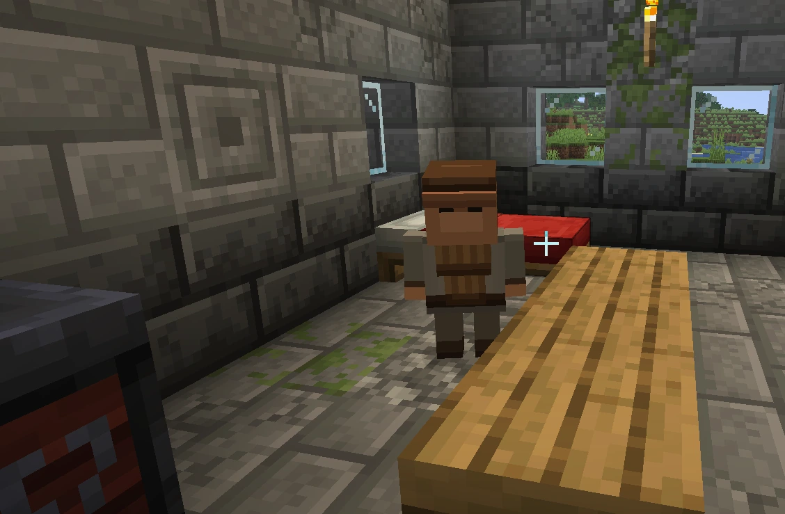 A dwarf trader in a leather apron standing inside his stone shop beside a workbench and bed