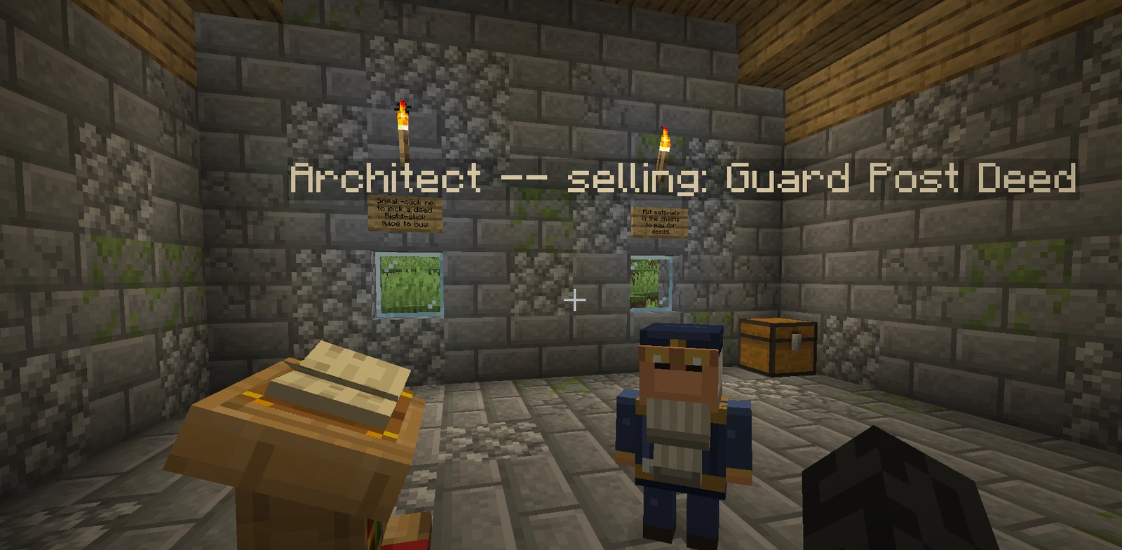 Inside the Deed Office, the Architect stands beside a chest under a sign reading Architect, selling: Guard Post Deed