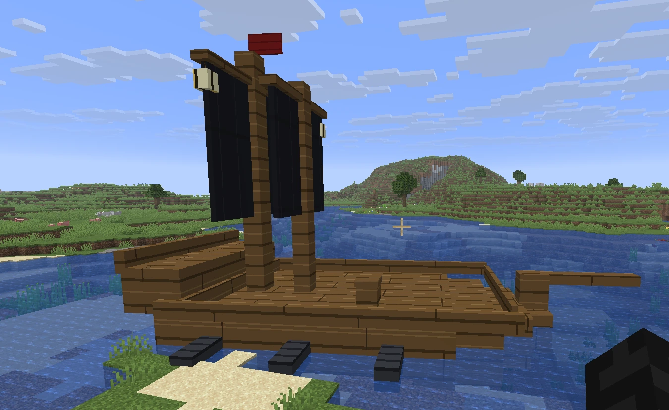 A dwarven sailing ship with dark sails and a red pennant, moored at a river bank