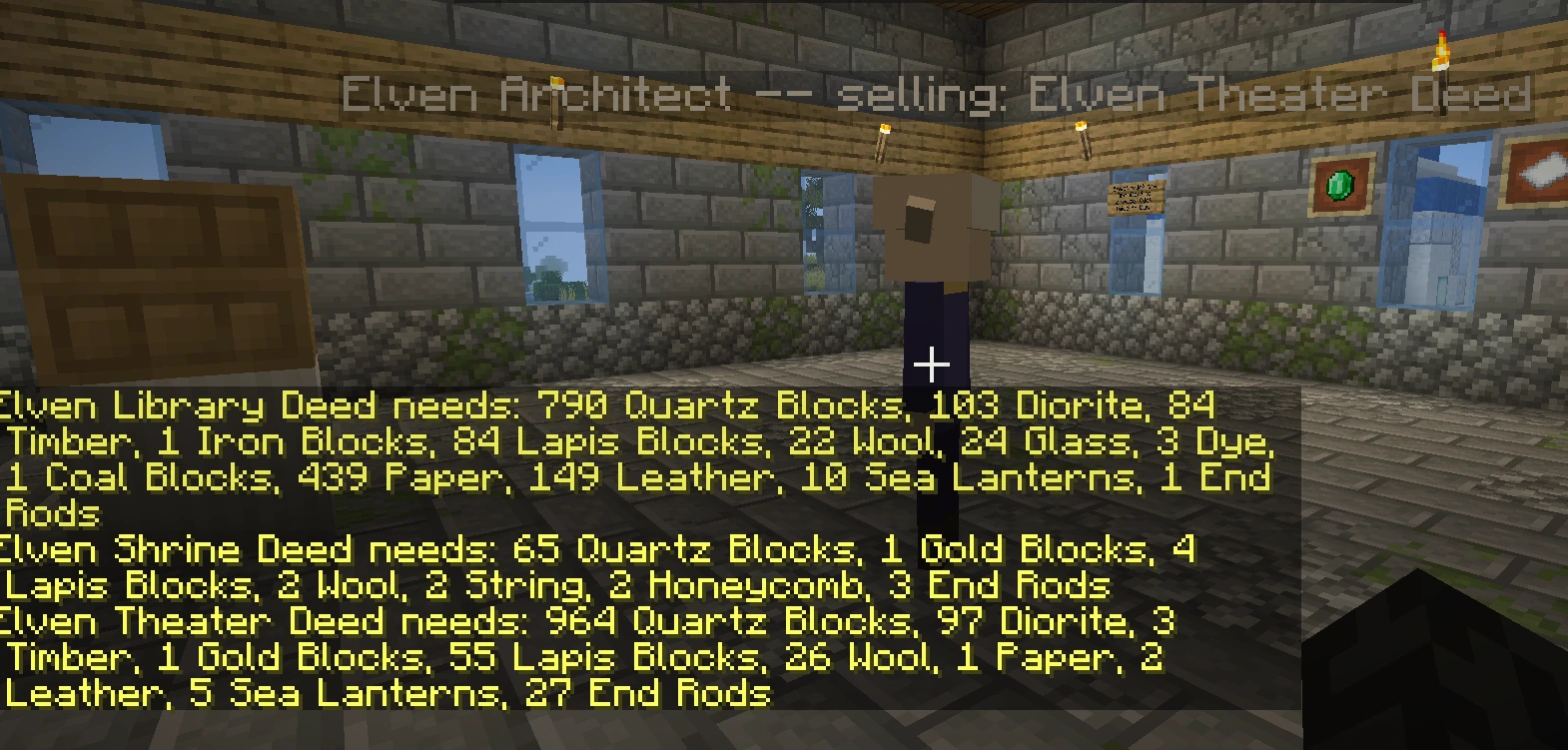 Inside the Deed Office, the Elven Architect stands beneath a sign reading 'selling: Elven Theater Deed', with the full material bill listed below