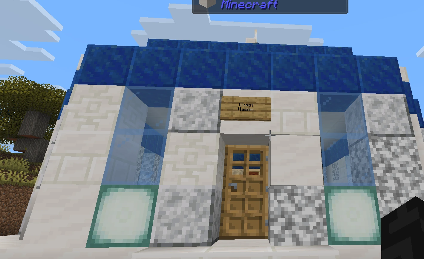An elven mason's shop in white quartz with deep blue roof tiles and a hanging wooden sign