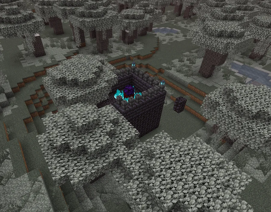 A small black brick tower lit by blue flame, standing in a grey, ashen forest