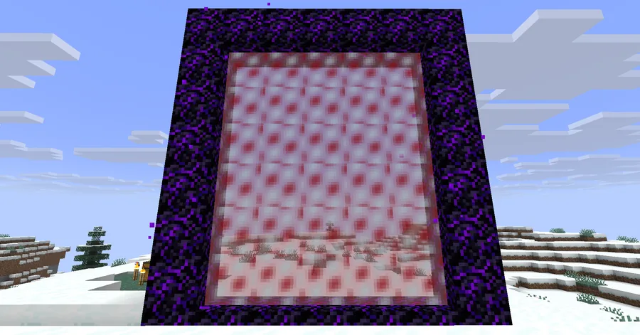 A lit portal in a crying obsidian frame, glowing red and white, standing on snowy ground