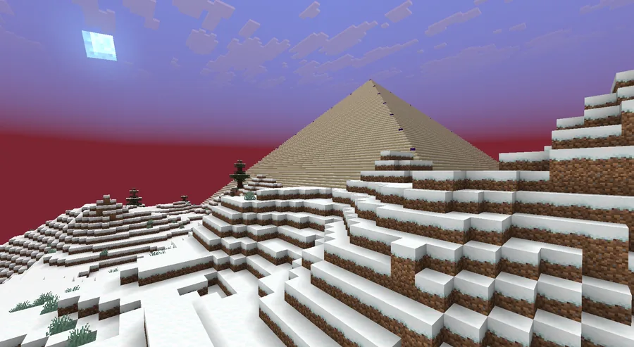 A great sandstone pyramid rising behind snowy hills under a red sky