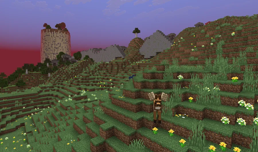 Grassy hills under a red and violet sky, with a pale stone spire and ruined castle walls on the ridge and a winged creature in the foreground