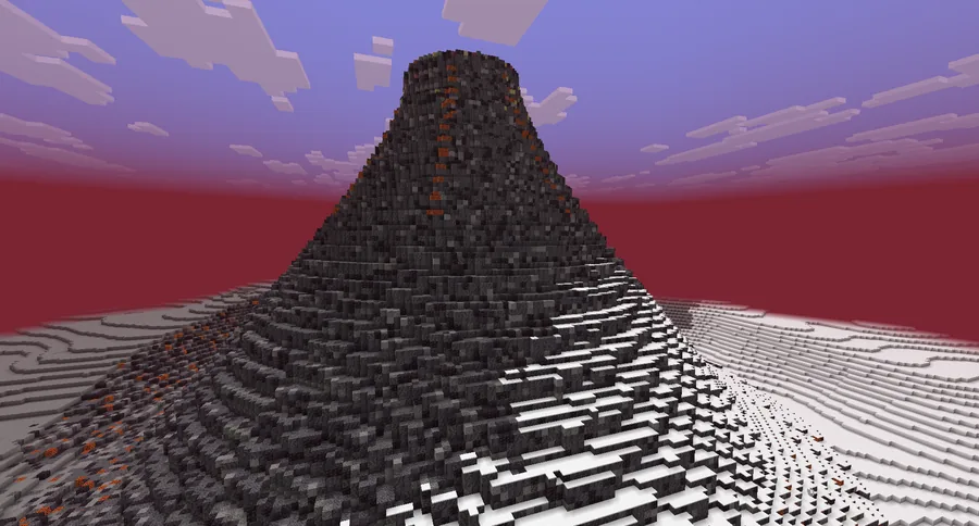 A dark volcano streaked with lava rising out of a snowfield under a red sky