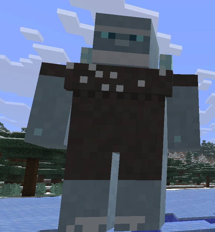 The Frost Giant, a pale blue armoured giant standing on frozen water in a snowy forest