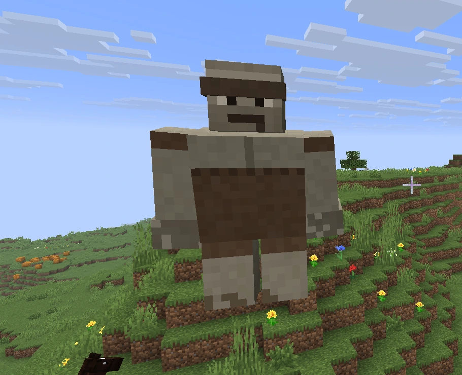 The Hill Giant, a stocky stone-grey brute standing in a flowering meadow