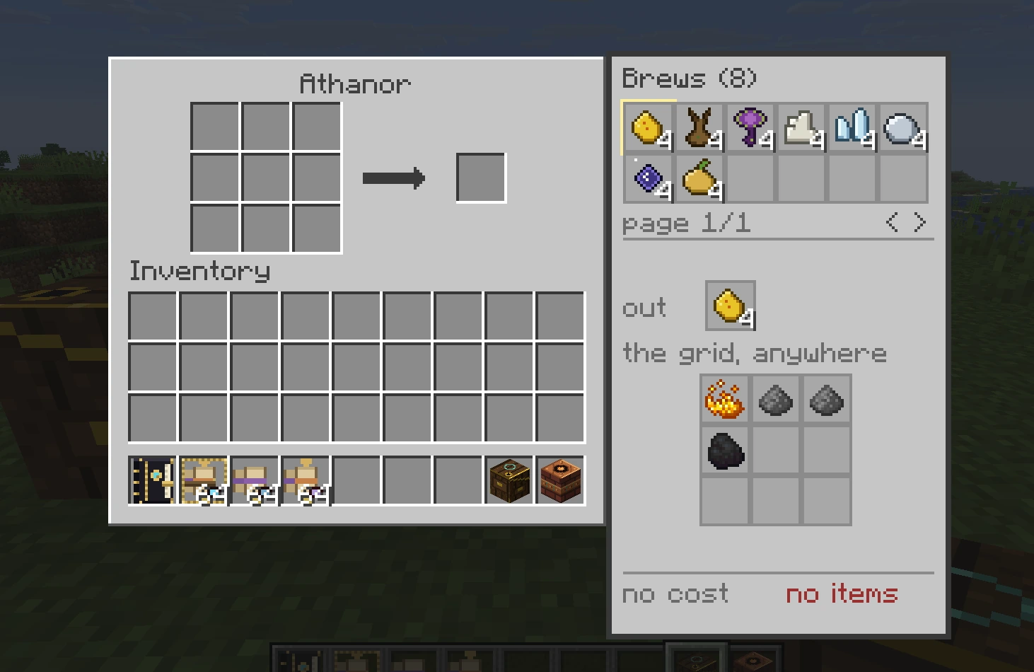 The Athanor interface: a three-by-three brewing grid on the left, and a panel on the right listing the eight brews with the selected recipe shown
