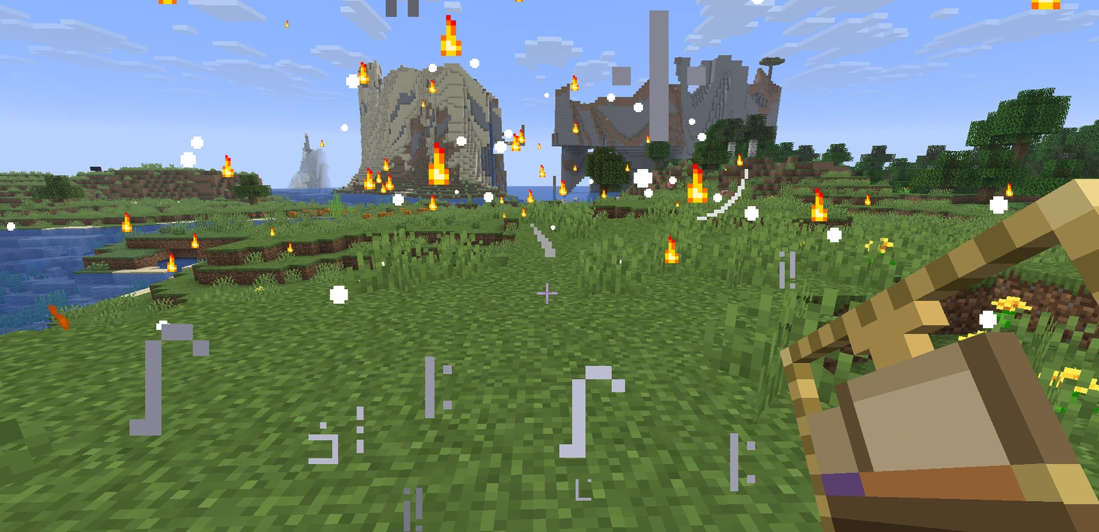 Empyrean Fall in progress: dozens of burning impacts scattered across a wide green landscape