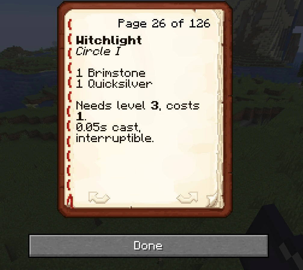 A page of the Arcane Codex describing Witchlight: Circle I, one Brimstone and one Quicksilver, needs level 3