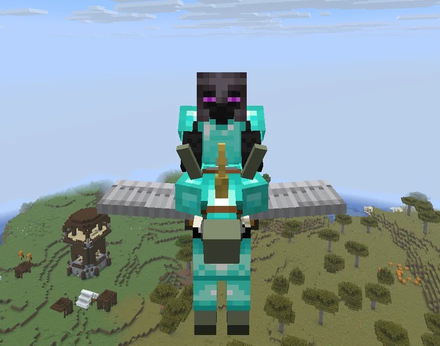 A saddled Donkicornasus seen head-on with its wings spread, hovering above farmland