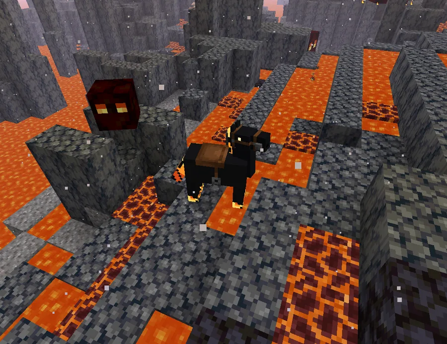A black nightmare horse with burning hooves standing on Nether basalt surrounded by lava