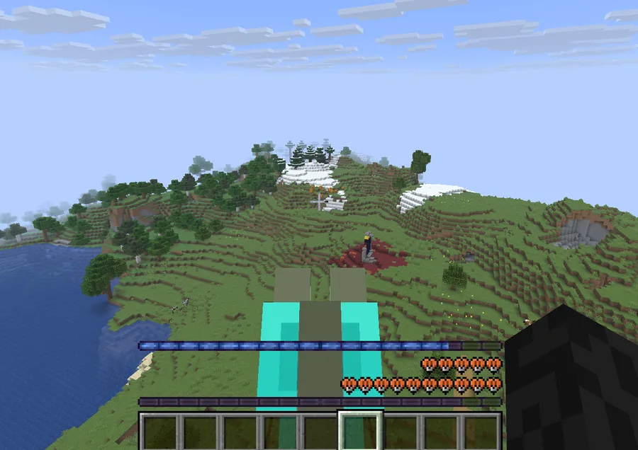In flight high above the landscape, the blue stamina bar showing across the screen