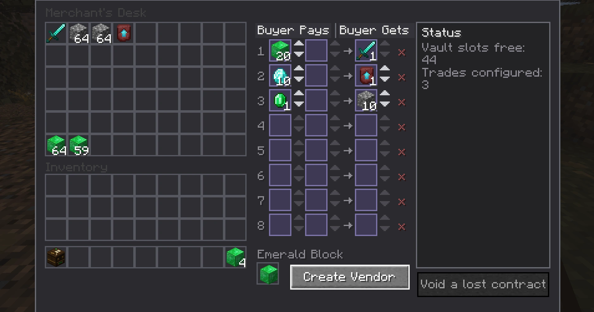 The Merchant's Desk interface, showing the vault on the left and eight configurable trade rows on the right