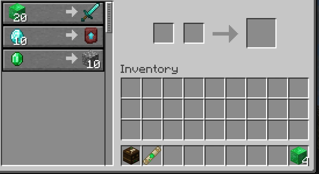 The merchant screen a buyer sees, listing three trades offered by the shop