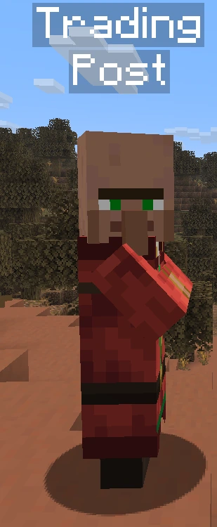 A Factor: a villager merchant in a red coat, standing beneath a floating Trading Post nameplate